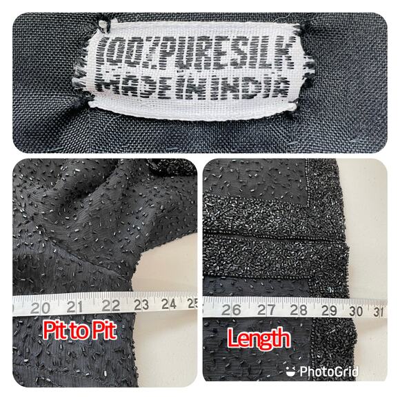 Vintage Black 100% Silk Beaded Collarless Long Sleeves Lined Jacket Size M/L - Picture 11 of 12